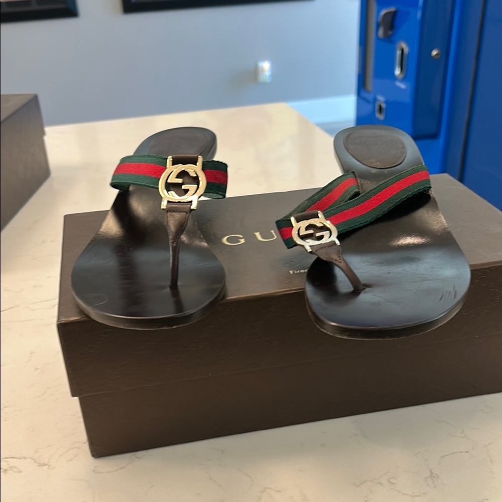 Gucci Black Sandals with Red and Green Accents